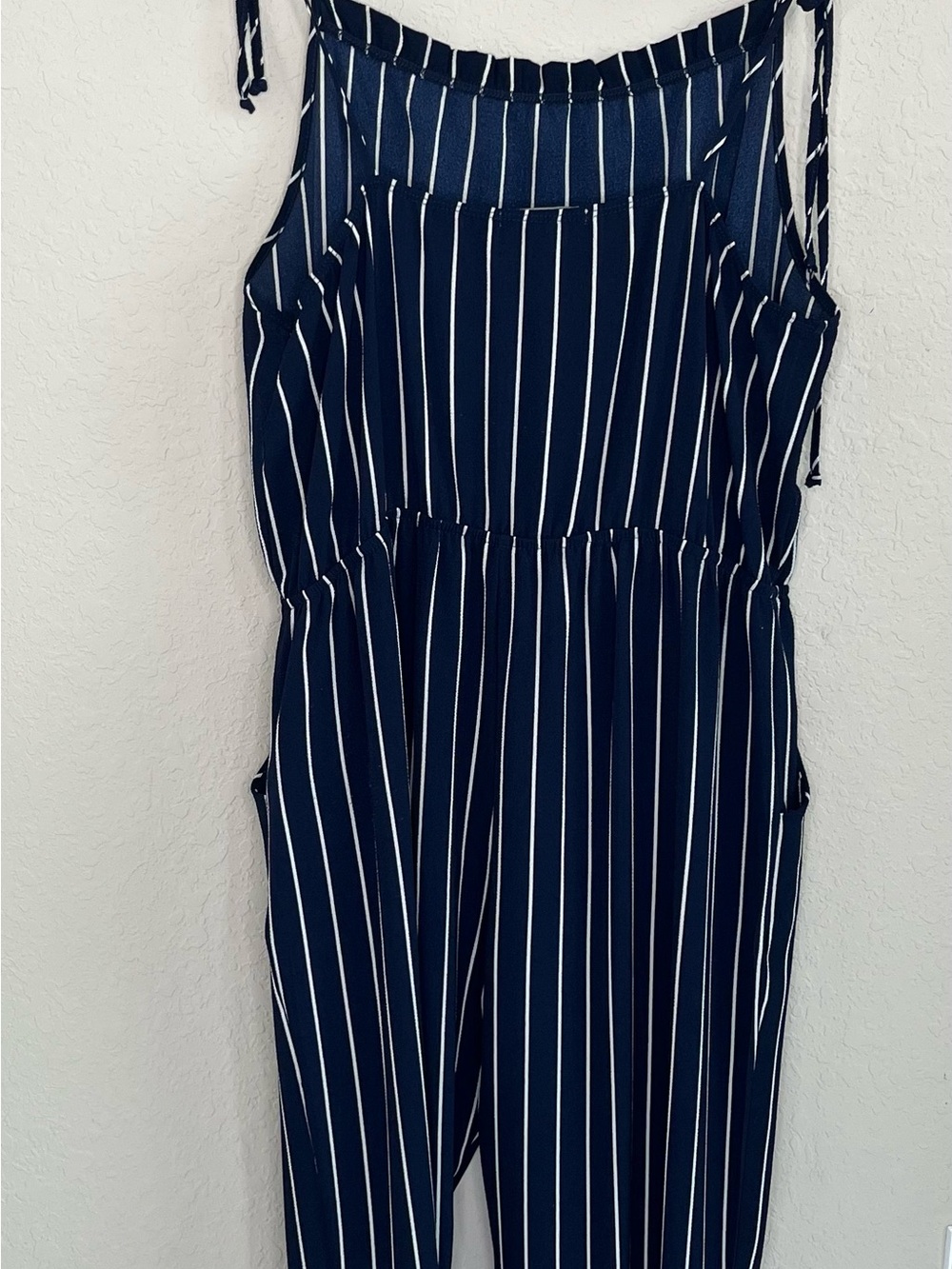 Green Envelope Navy and White Vertical Stripe Jumpsuit